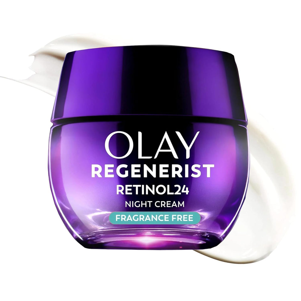 Olay retinol night cream front jar showing product and label benefits