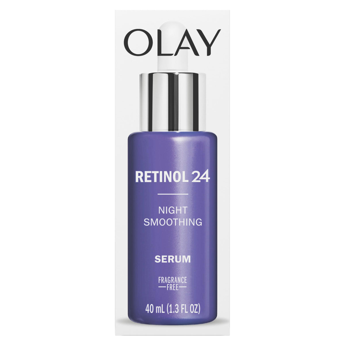 Olay Retinol 24 MAX cap and label close-up showing fragrance-free and ingredient claims