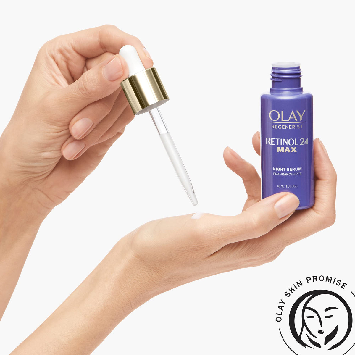 Olay droplet on skin during application showing targeted smoothing benefit