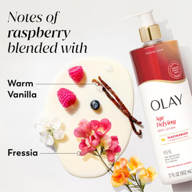 Olay 17 fl oz bottle beside a ruler showing true size and value