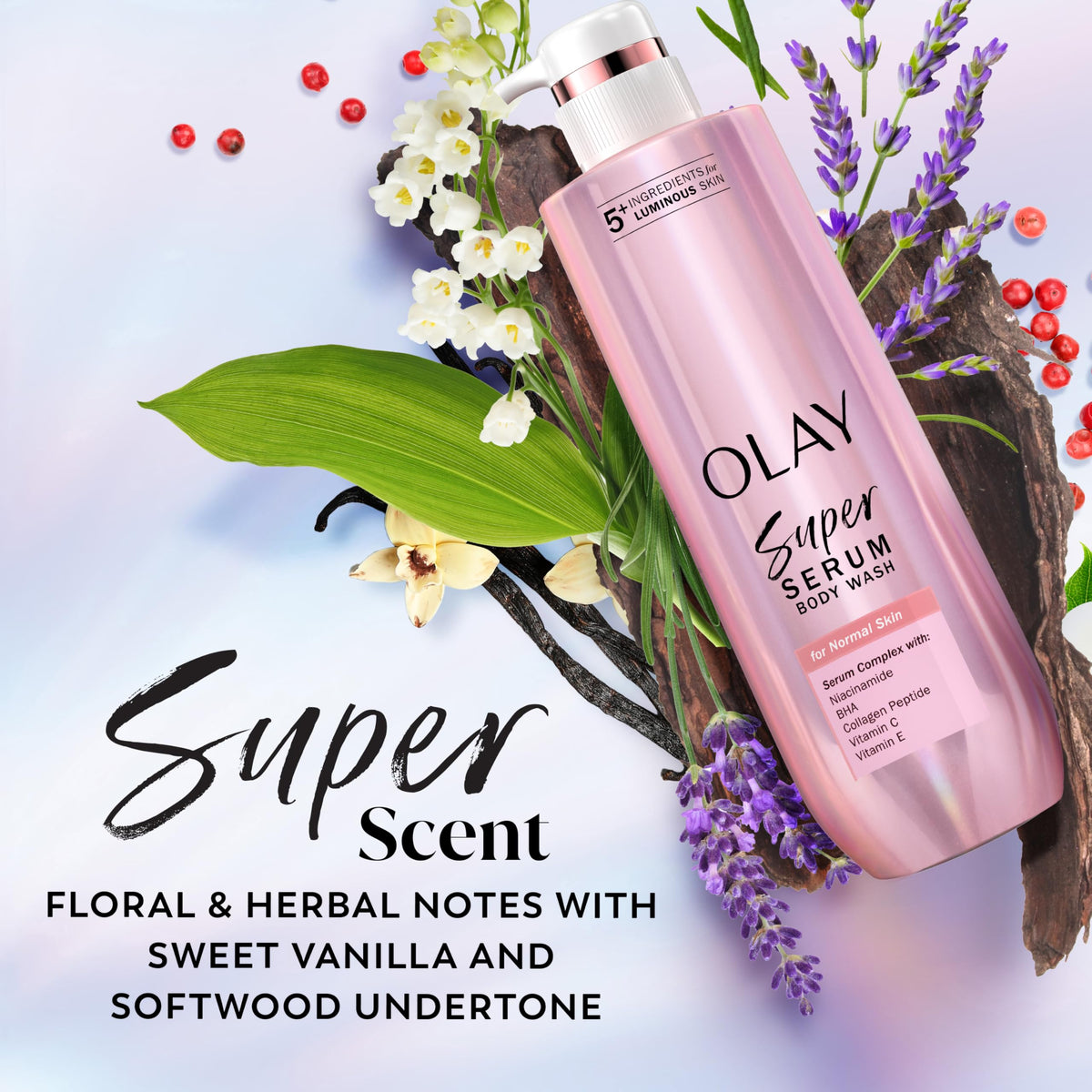 Olay bottle held in hand showing 18.5 fl oz scale