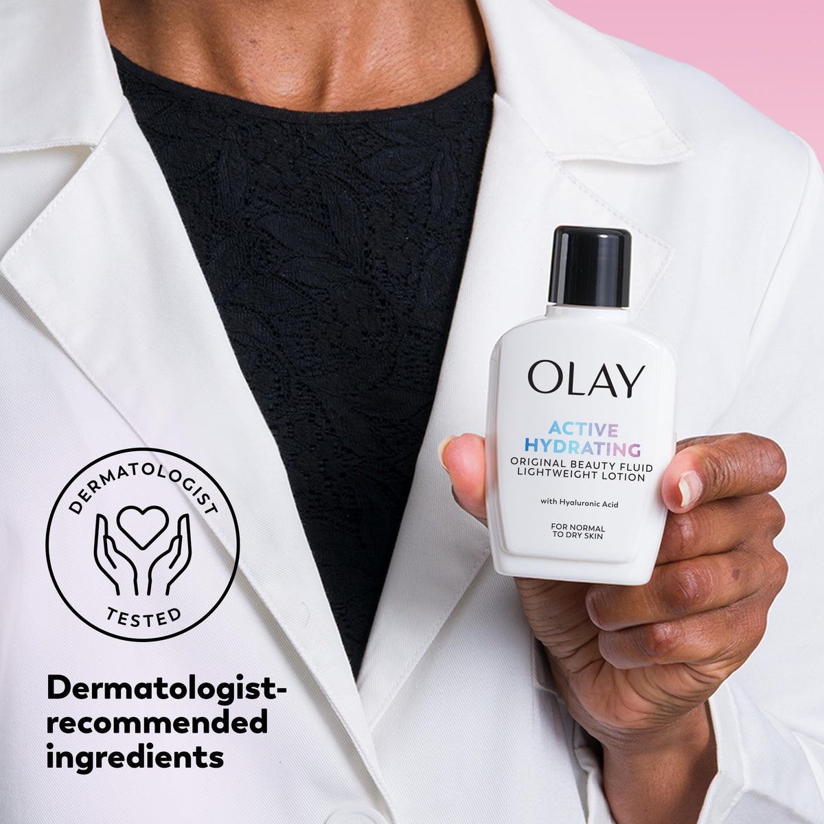 Olay size comparison 4oz next to hand illustrating travel-friendly convenience