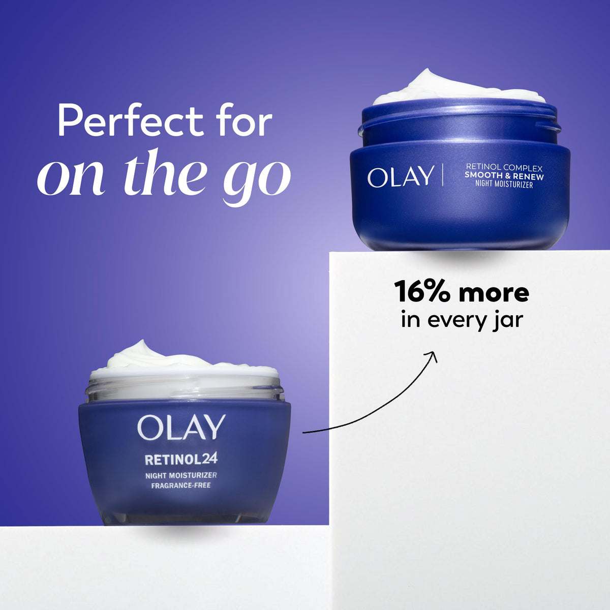 Olay 2 oz jar beside common object showing compact travel size
