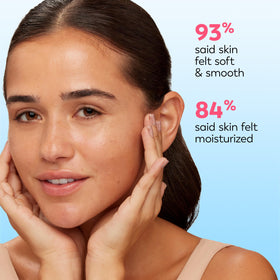Olay wipe beside a hand showing size and single-use convenience benefit