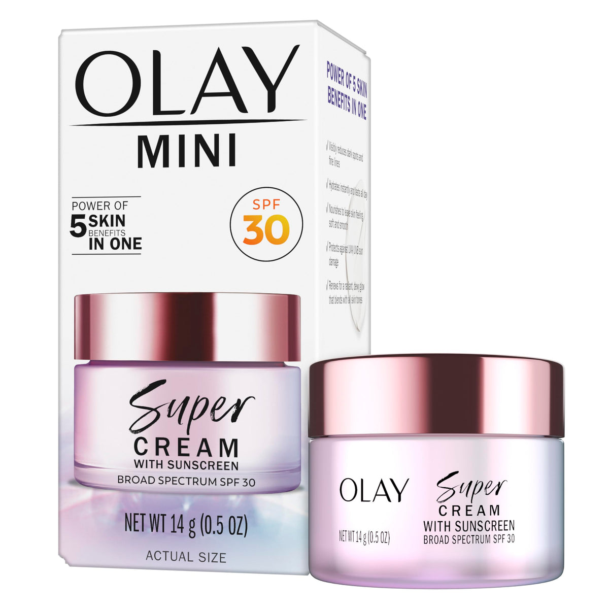 Olay front packaging showing trial-size jar and SPF benefit