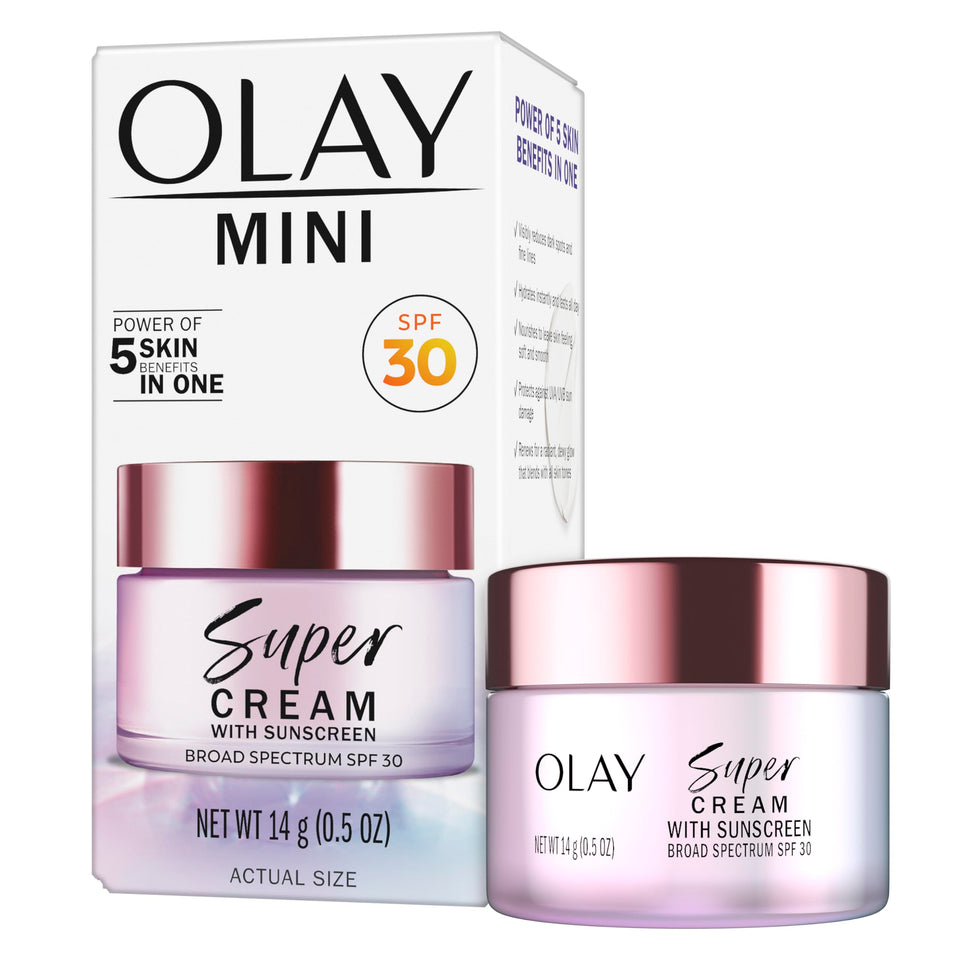 Olay front packaging showing trial-size jar and SPF benefit