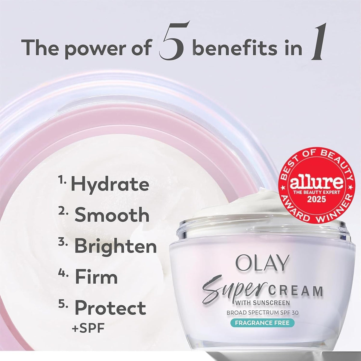 Olay Super Cream texture close-up demonstrating lightweight, hydrating finish