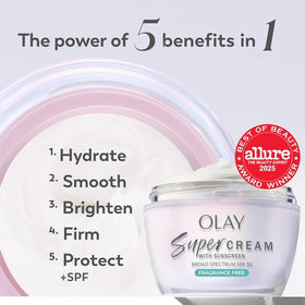 Olay Super Cream texture close-up demonstrating lightweight, hydrating finish