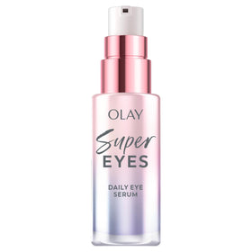 Olay front bottle showing serum and sleek glass pump for clean dispensing
