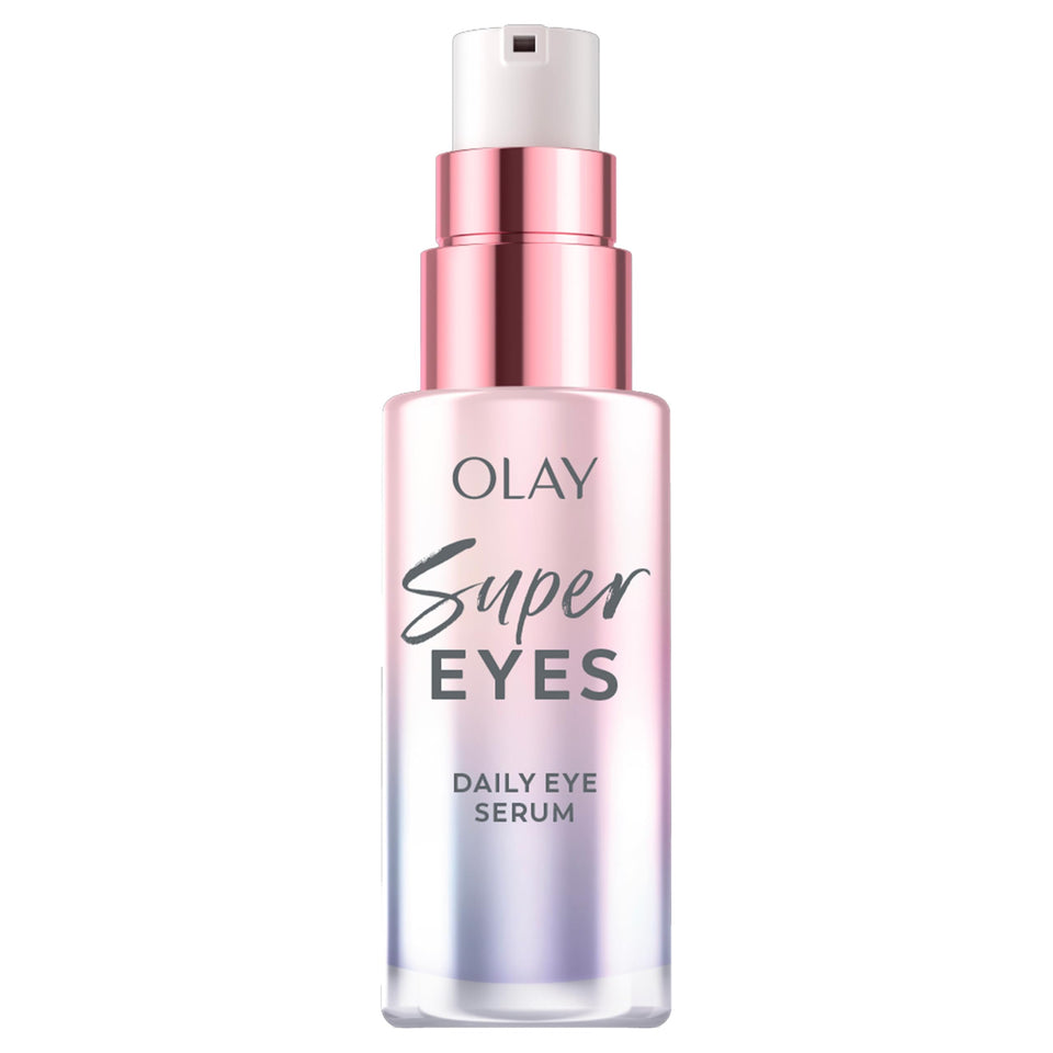 Olay front bottle showing serum and sleek glass pump for clean dispensing