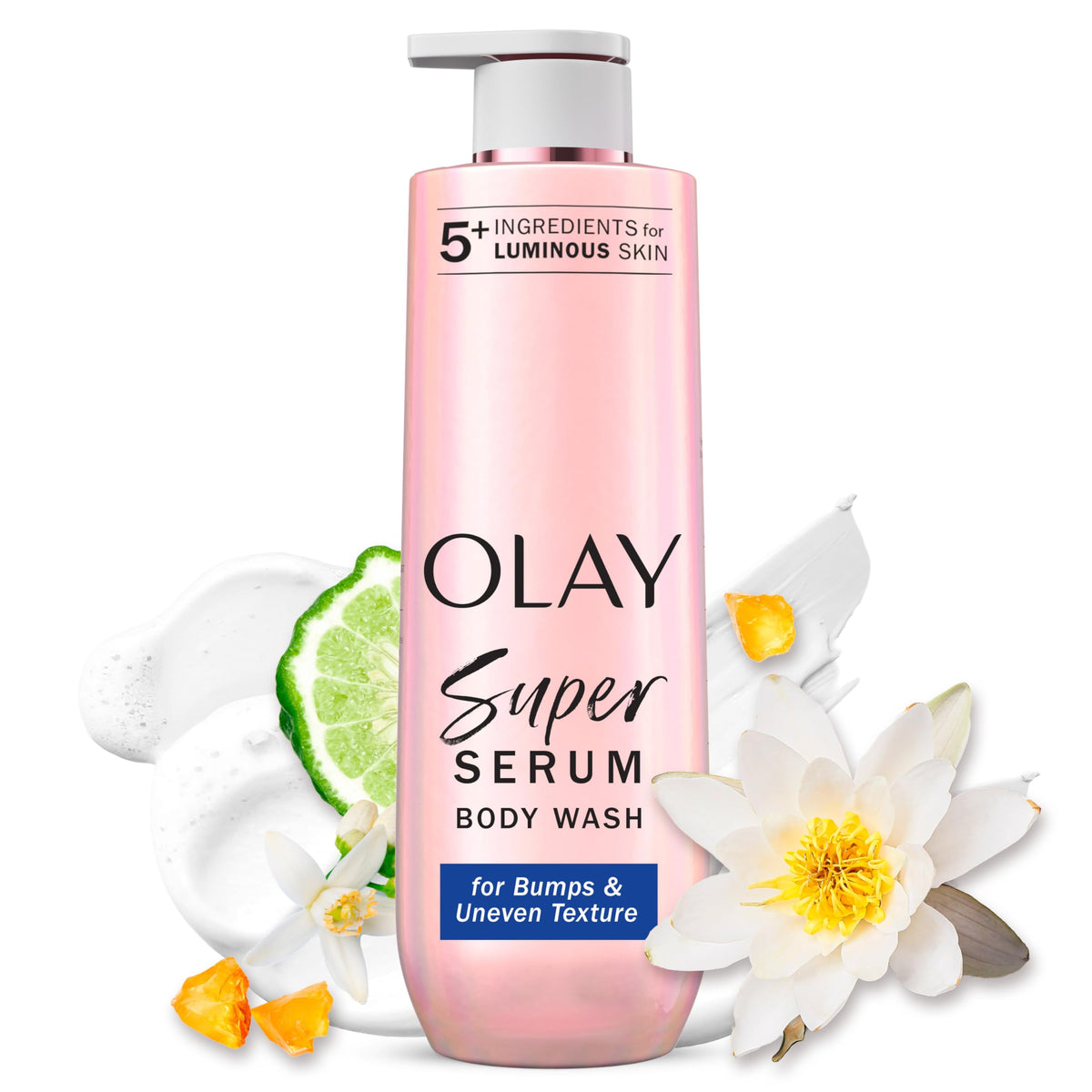 Olay front packaging showing bottle and brand, highlights brightening benefit