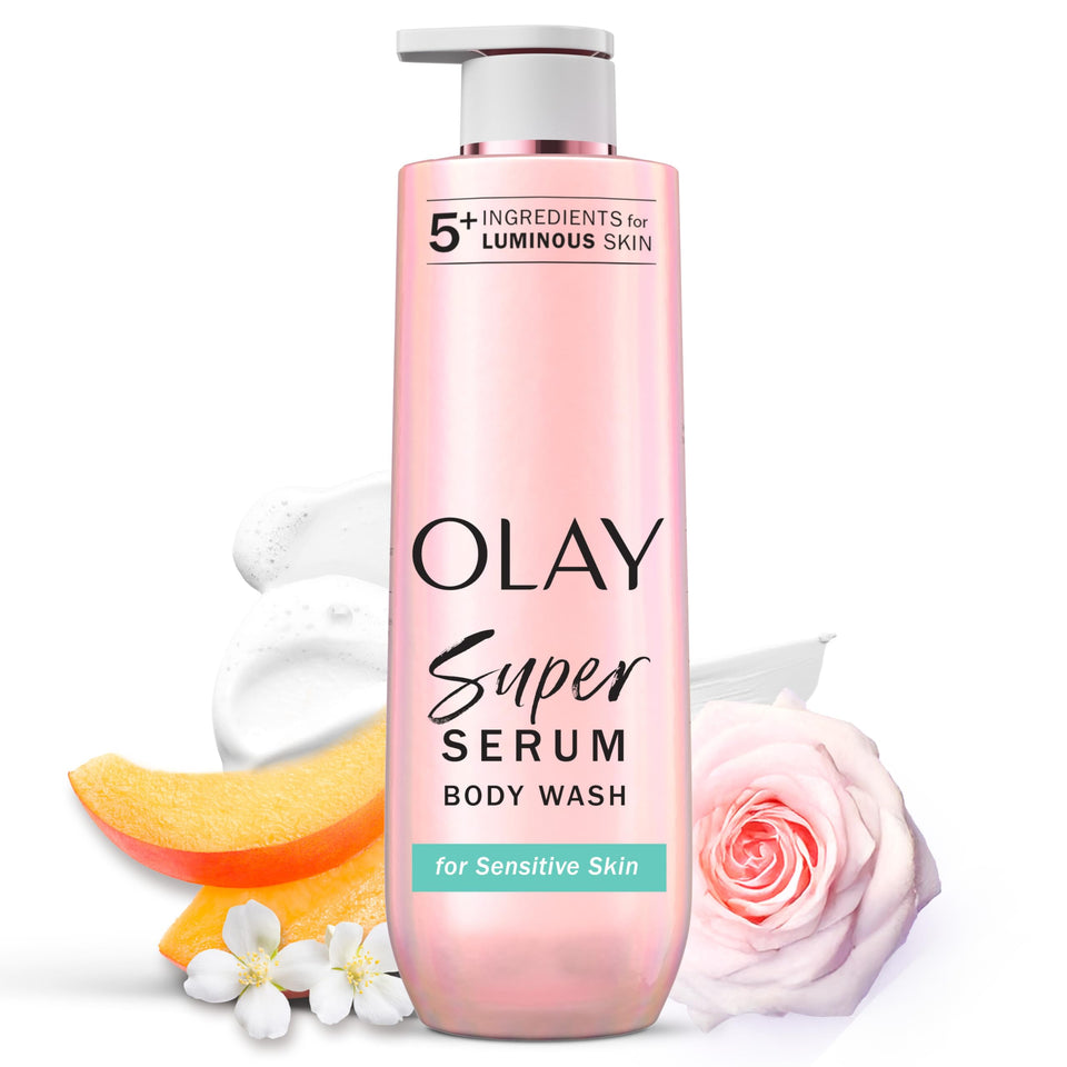 Olay bottle front packaging showing product and benefits for visible hydration