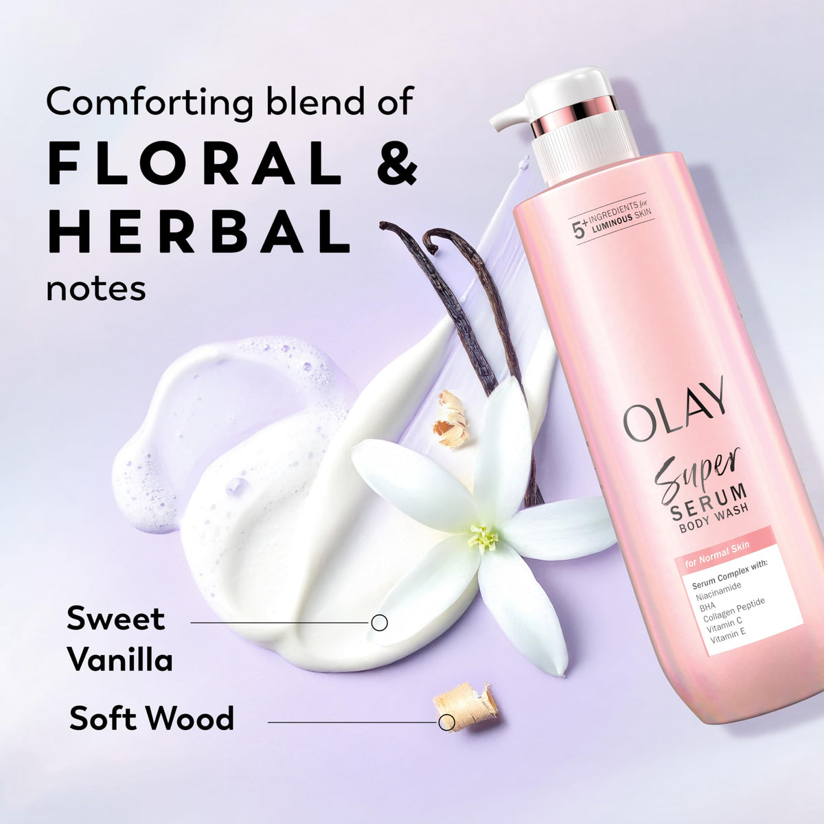 Olay ingredient label close-up showing niacinamide and vitamin C
