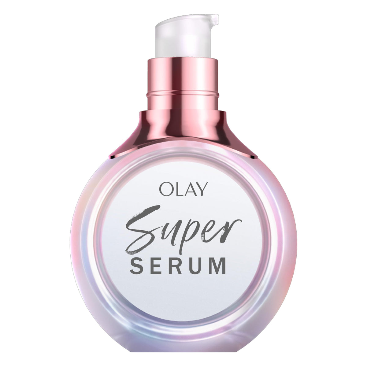 Olay super serum front bottle showing label and compact trial size for easy testing