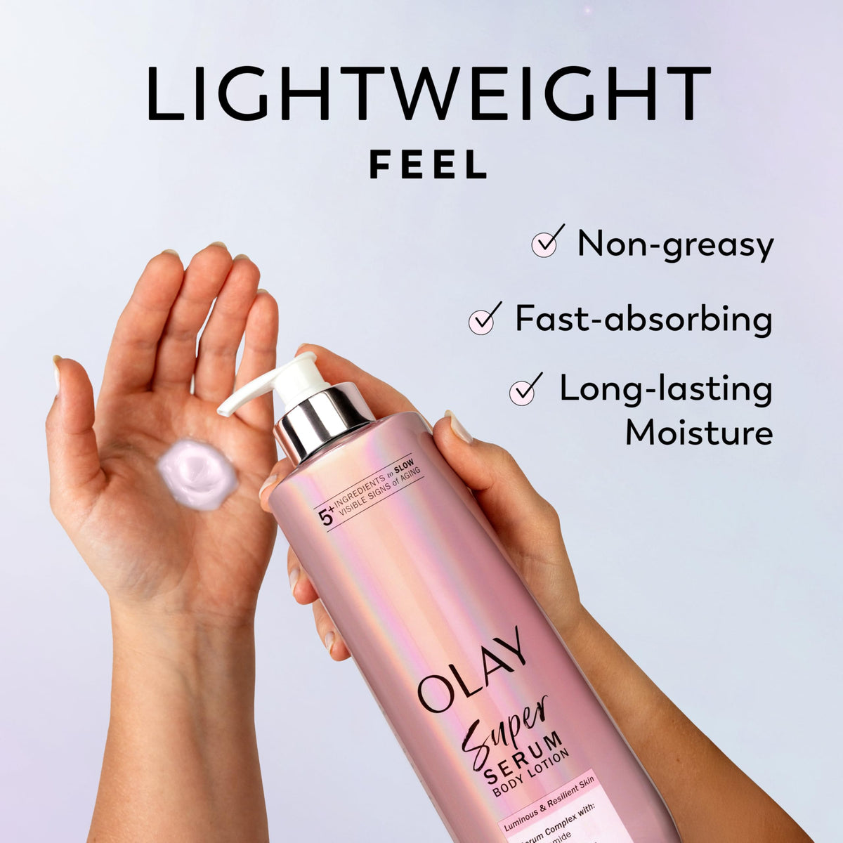 Olay applying lotion on arm demonstrating instant hydration and smoother skin