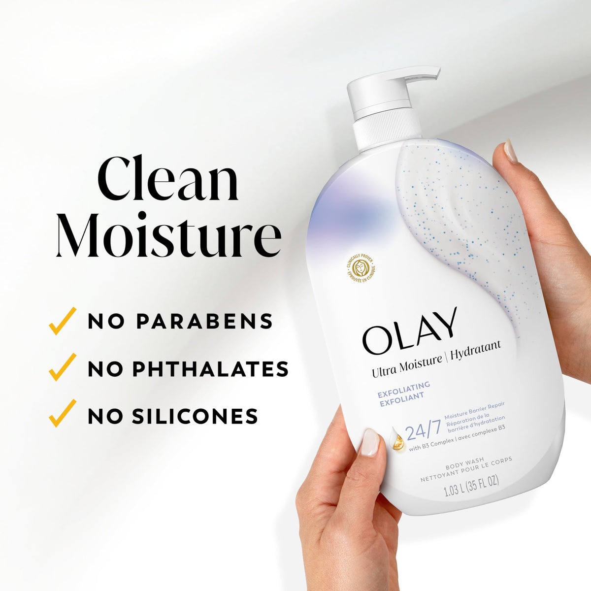 Olay texture on fingertip showing smooth exfoliating feel