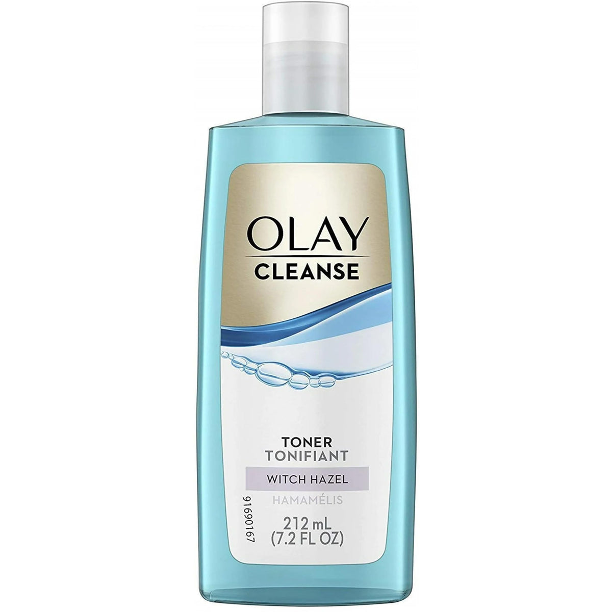 Olay toner label close-up highlighting witch hazel ingredient and benefits