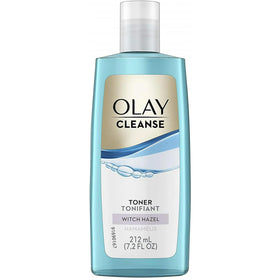 Olay toner label close-up highlighting witch hazel ingredient and benefits