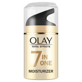 Olay total effects front packaging showing jar and brand benefit