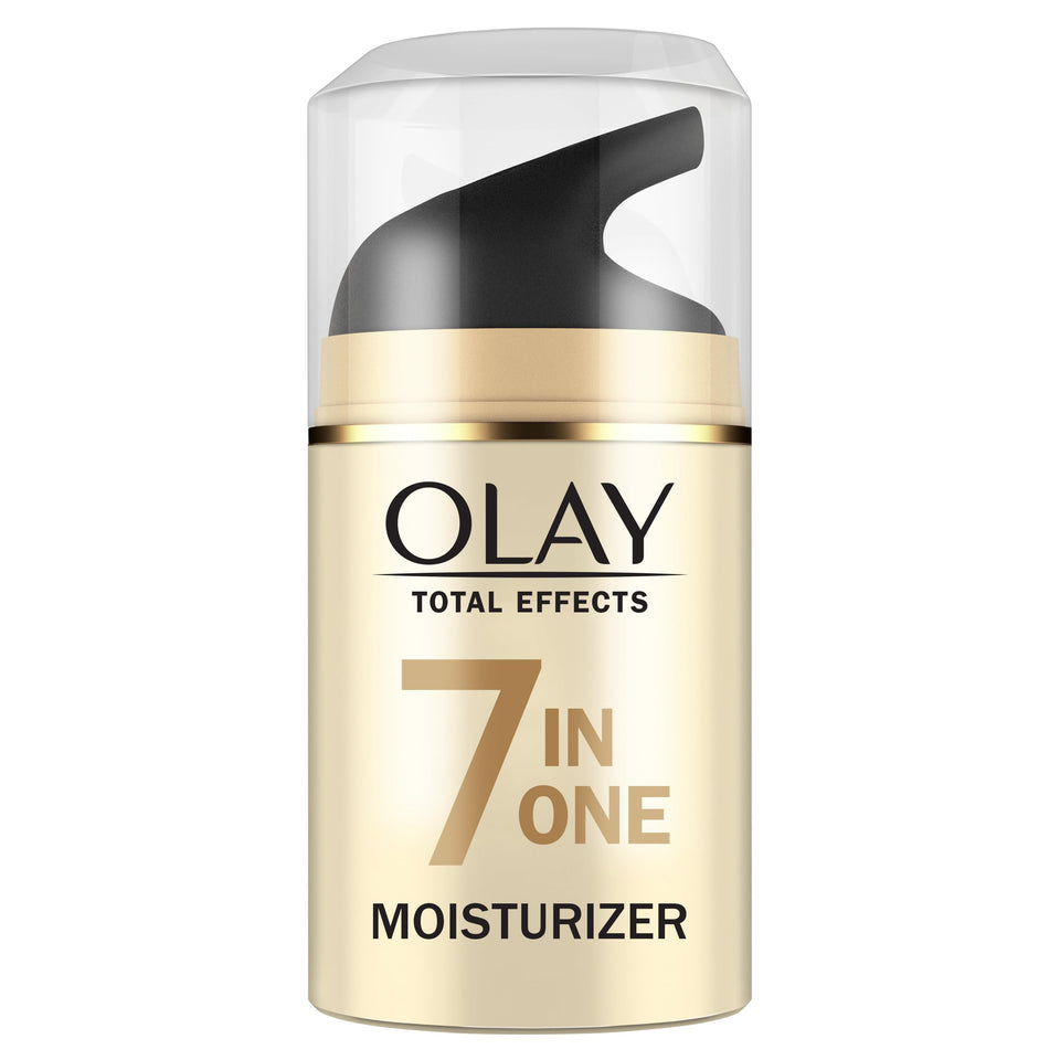 Olay total effects front packaging showing jar and brand benefit