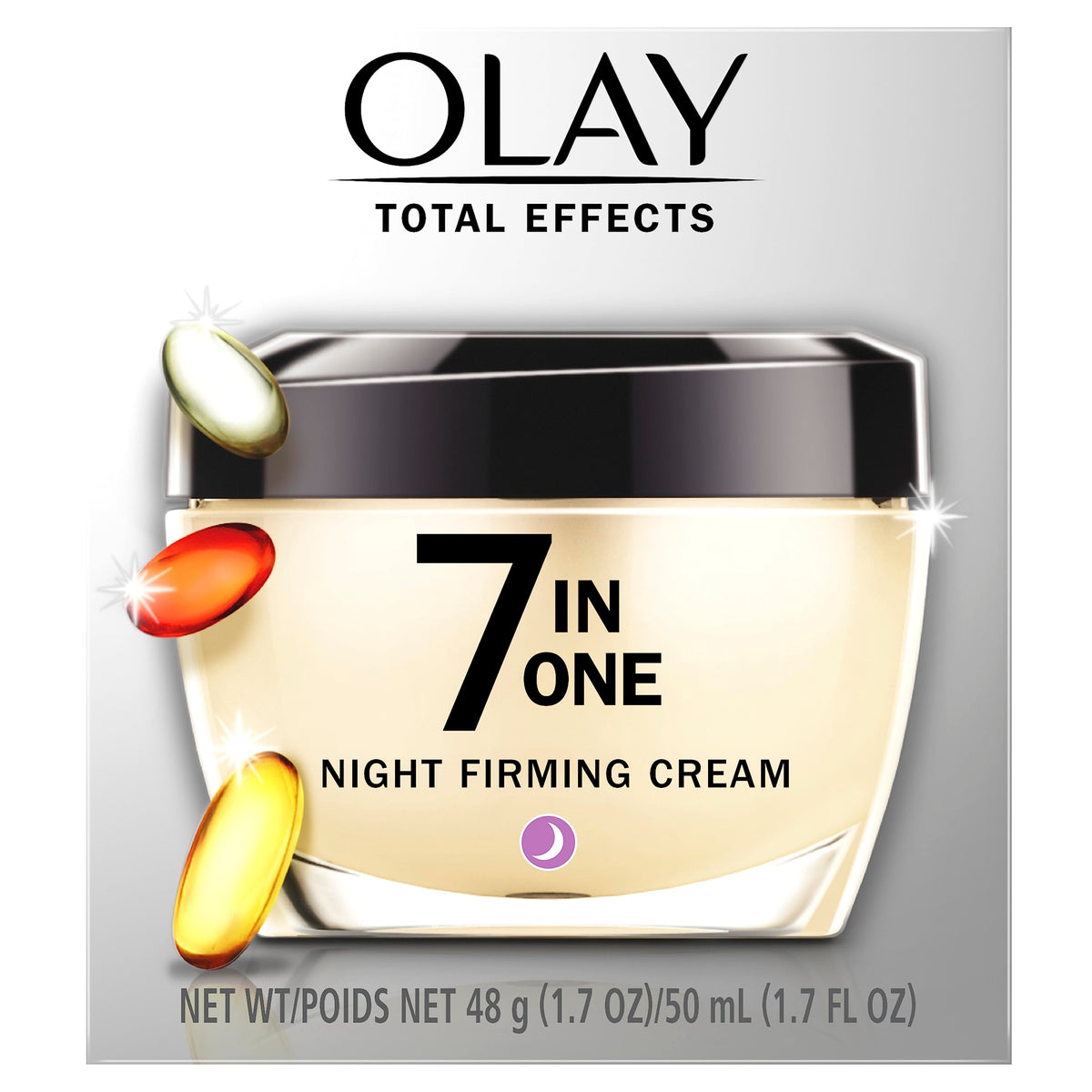 Olay Total Effects jar on bathroom counter at night suggesting evening skincare routine