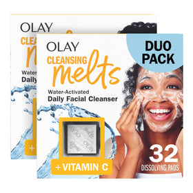 Olay travel pack front showing compact cleansing melts and resealable pouch benefit convenience