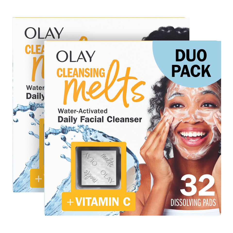 Olay travel pack front showing compact cleansing melts and resealable pouch benefit convenience