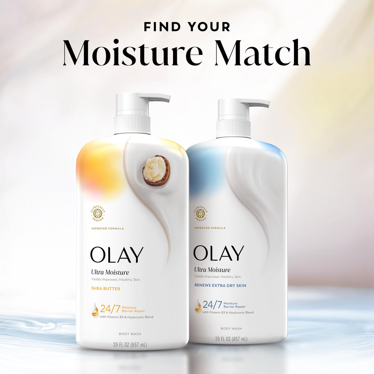 Olay bottle styled on bath shelf conveying daily routine and shelf-ready design