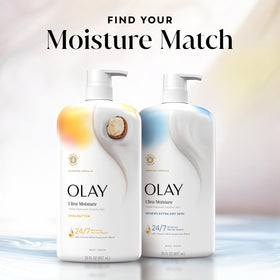 Olay bottle styled on bath shelf conveying daily routine and shelf-ready design