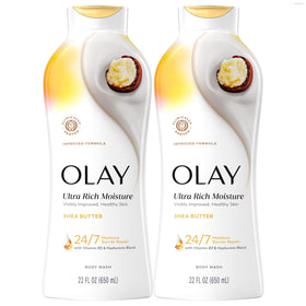 Olay front bottle showing label and shea butter scent, highlights hydration benefit