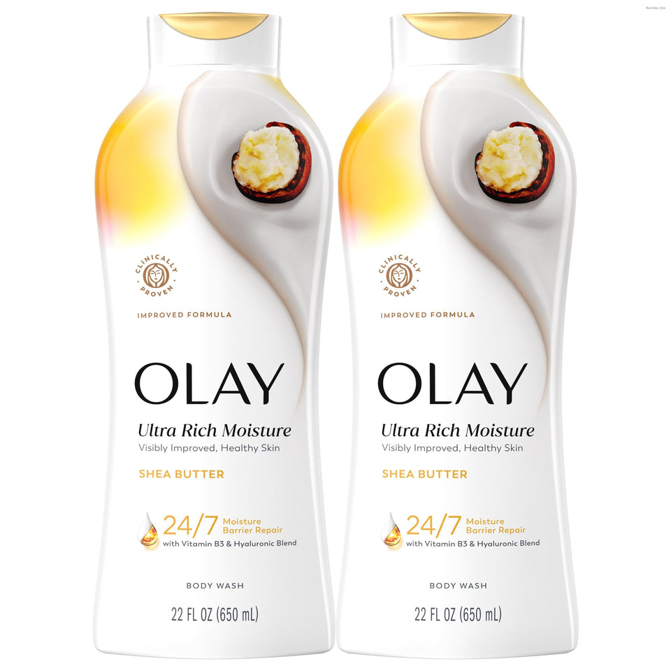 Olay front bottle showing label and shea butter scent, highlights hydration benefit