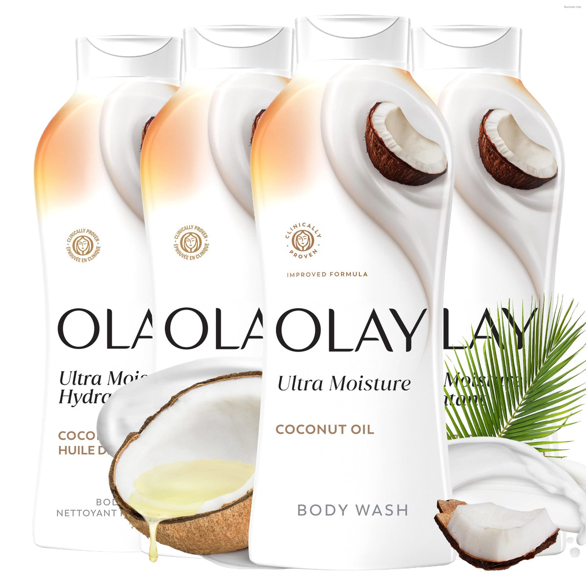 Olay bottle front packaging showing product and coconut scent benefit