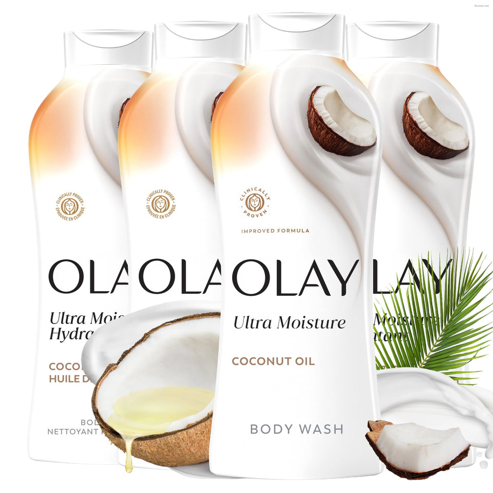 Olay bottle front packaging showing product and coconut scent benefit
