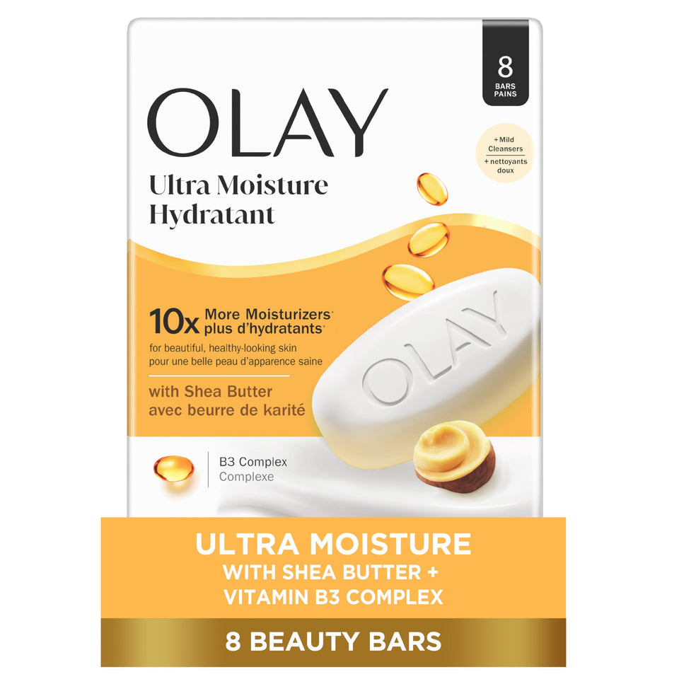 Olay front packaging showing pack of eight bars and product benefits