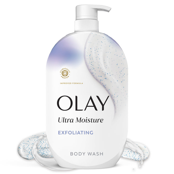 Olay front packaging showcasing bottle and benefits