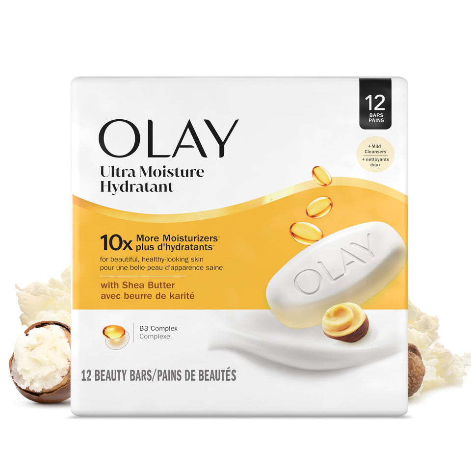 Olay front packaging showing moisturizing benefits and shea butter scent