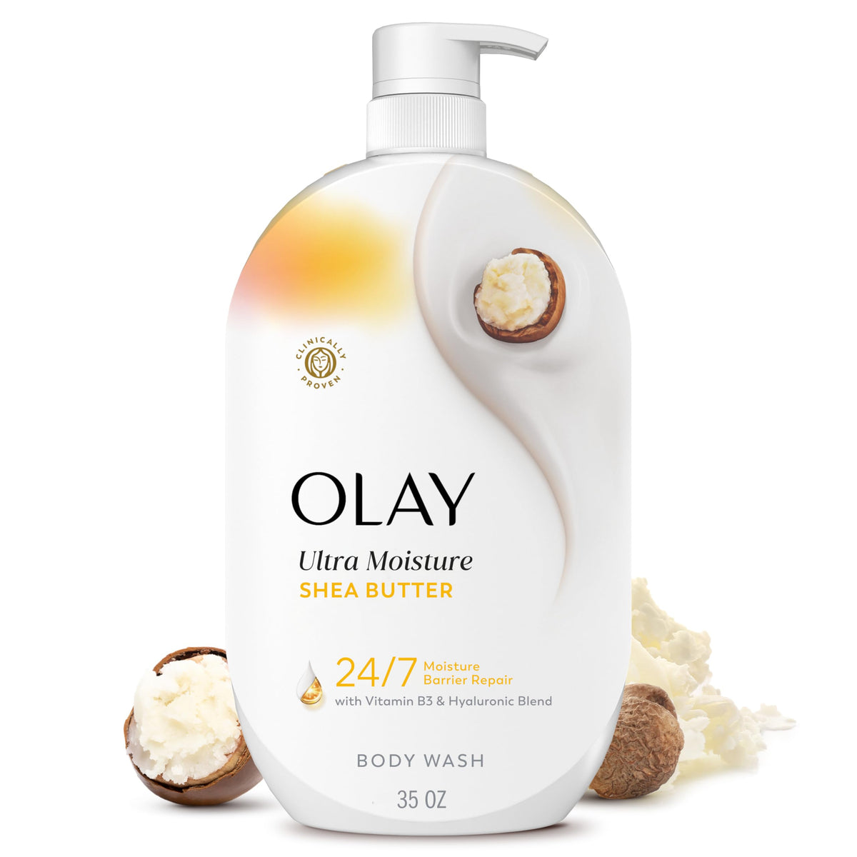 Olay bottle front packaging showing product and benefit