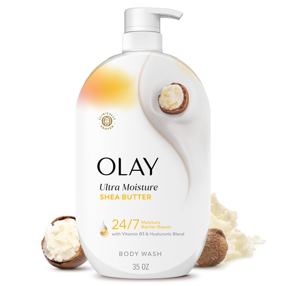 Olay bottle front packaging showing product and benefit