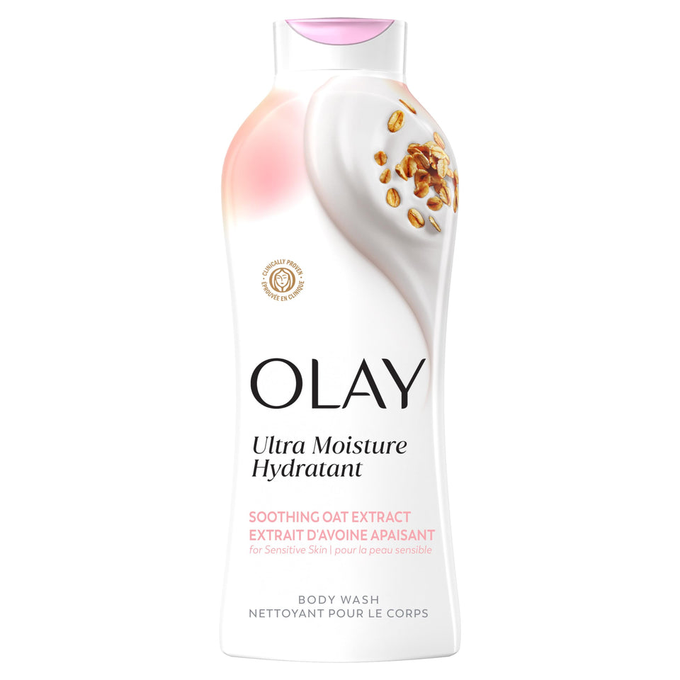 Olay bottle front packaging showing oat scent and hydrating benefit
