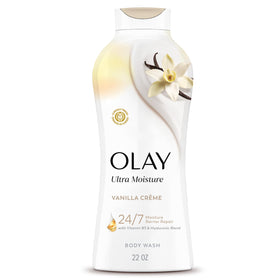 Olay bottle front packaging showing label and vanilla scent benefit