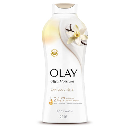 Olay bottle front packaging showing label and vanilla scent benefit