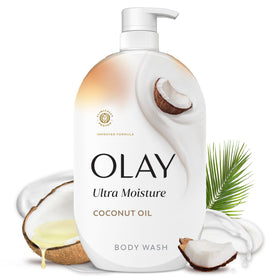 Olay bottle front packaging showing product and coconut scent benefit