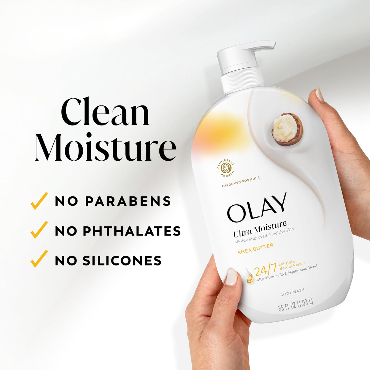 Person using Olay in shower demonstrating soft, moisturized skin