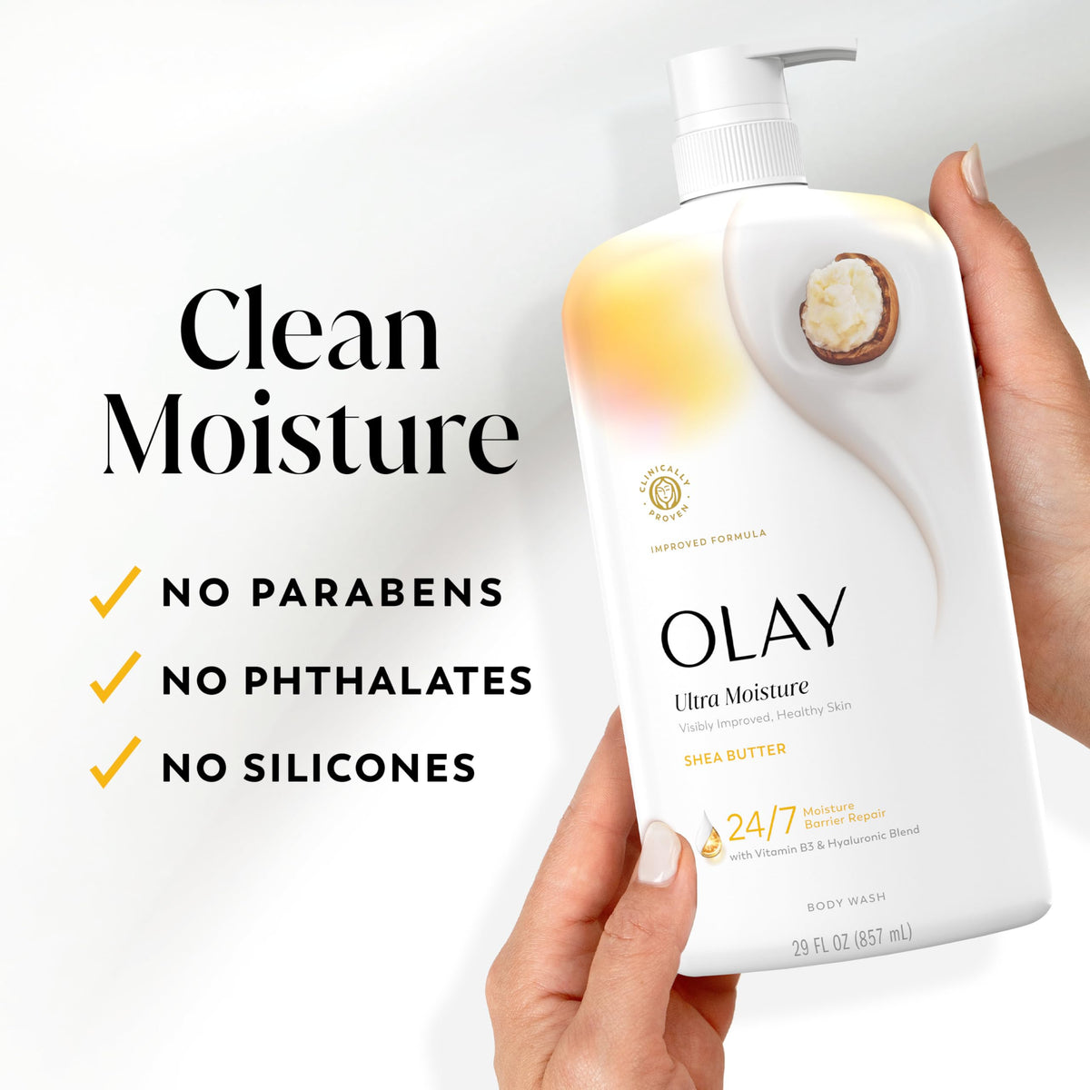 Olay in-shower usage image showing gentle cleansing and moisturizing benefit