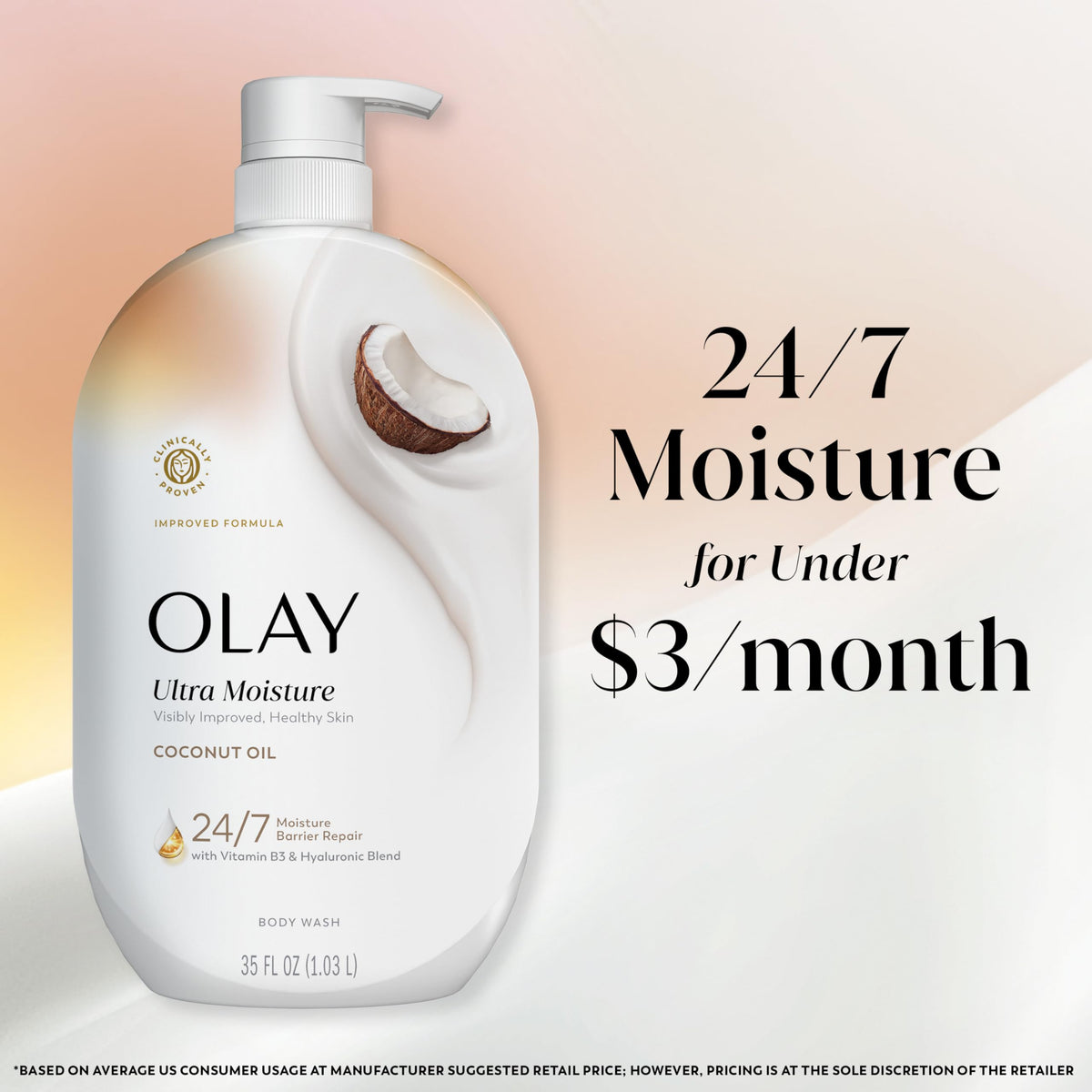 Olay body wash on bathroom shelf with towel showing everyday luxury benefit