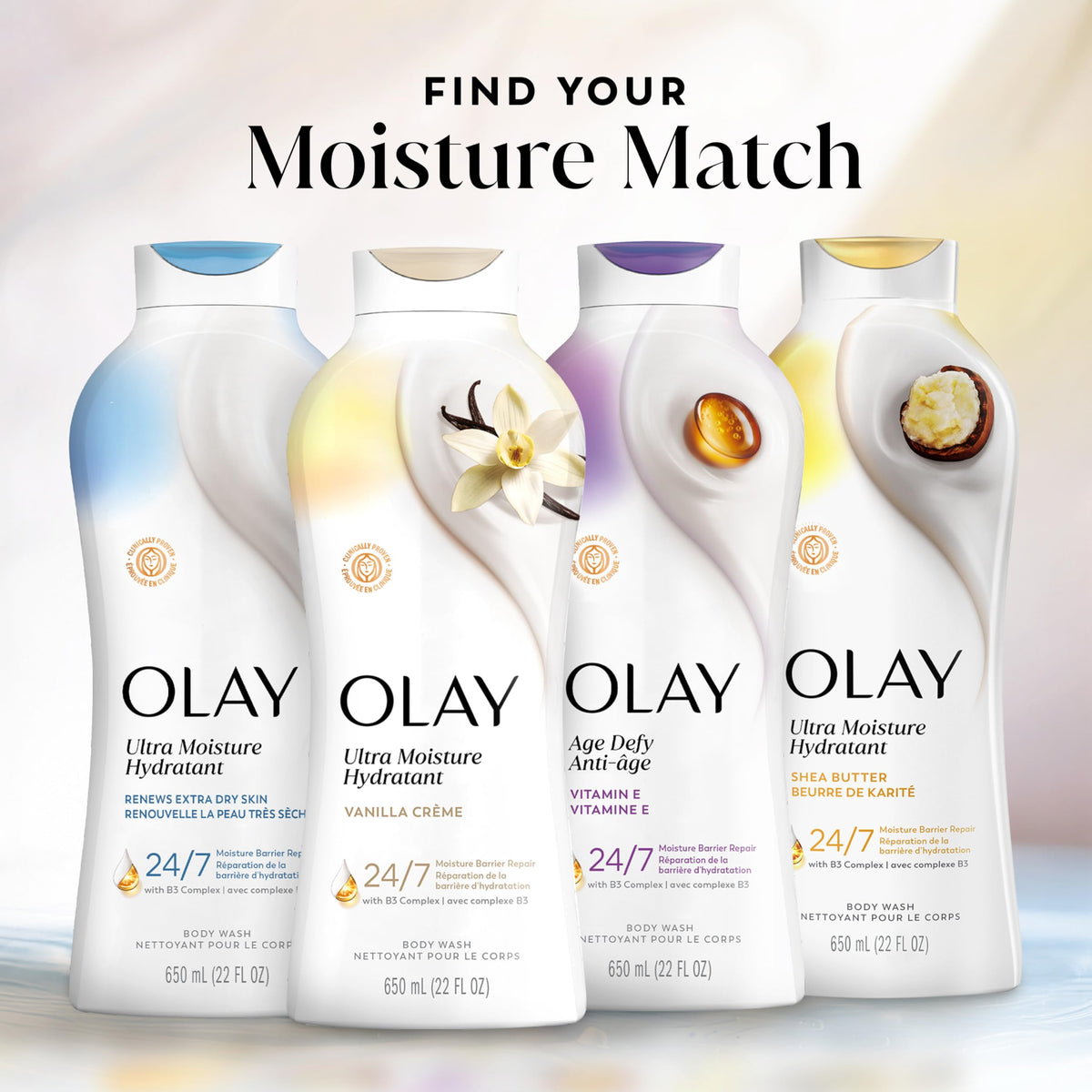 Olay body wash next to Olay lotion showing a combined hydrate-and-lock routine