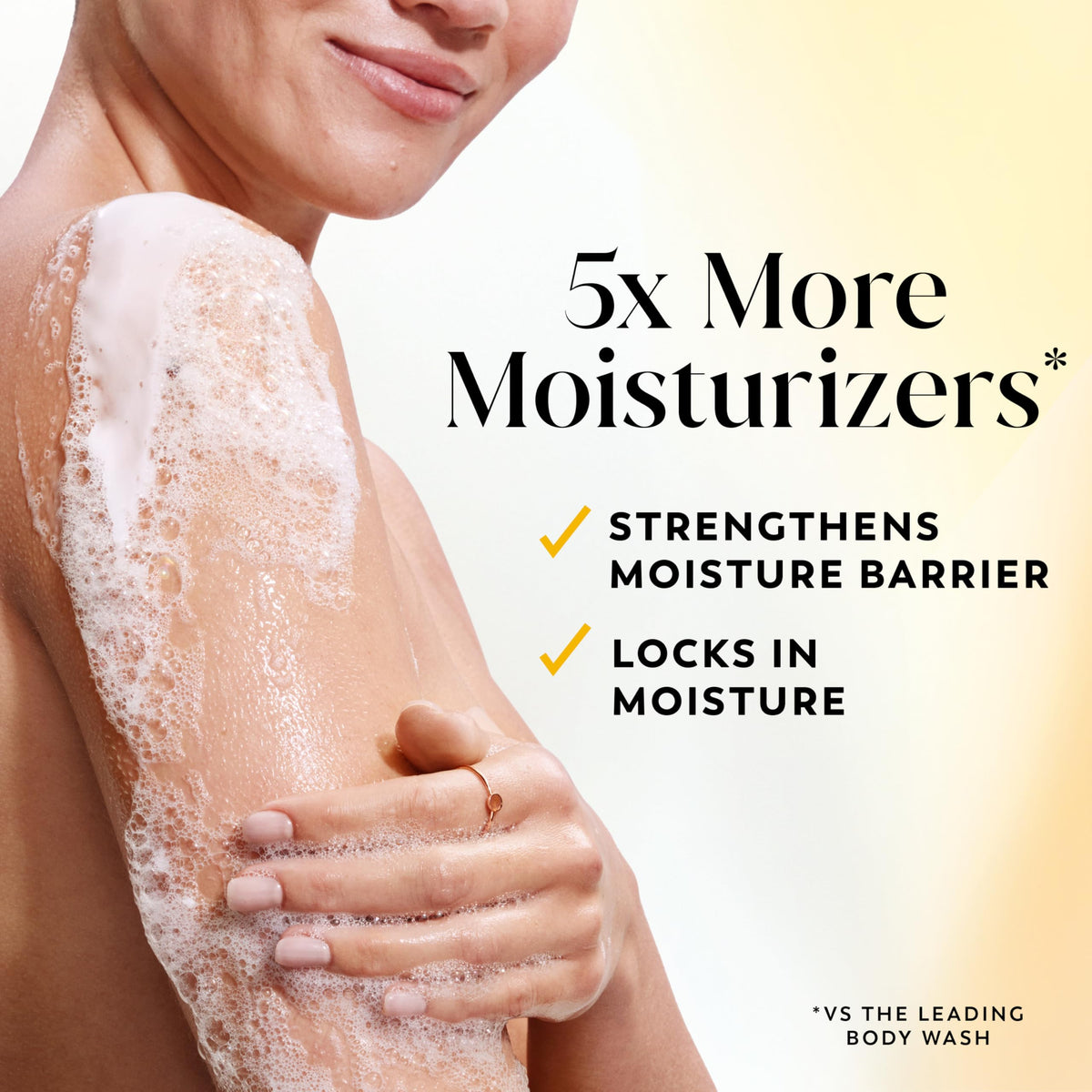 Olay pump dispensing creamy wash demonstrating easy application and control