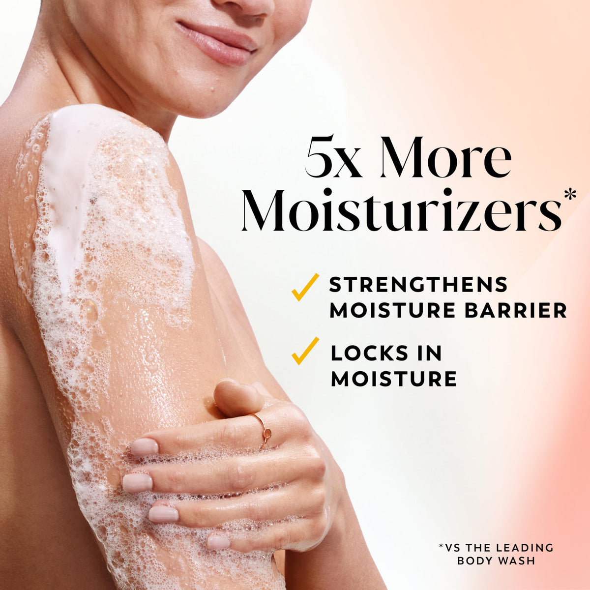 Olay pump dispensing body wash illustrating controlled, easy use