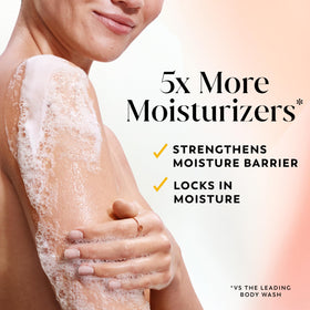 Olay pump dispensing body wash illustrating controlled, easy use