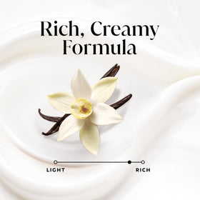 Clear view of Olay vanilla crème bottle label detailing formula benefits